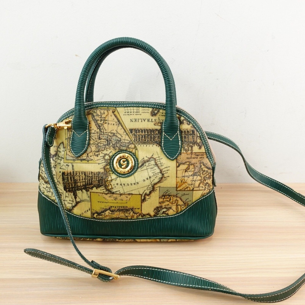 VTG Vittorio Godi World Map Crossbody Bag Beige‎ Green Atlas PVC Eclectic Travel